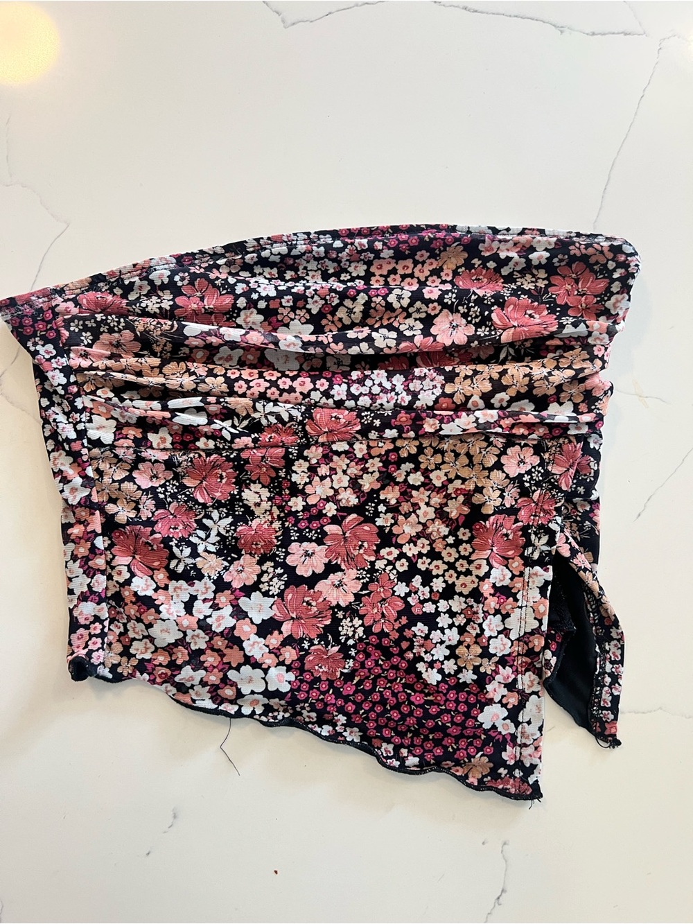 Floral Ruched Strapless Crop Top - Pink on Black